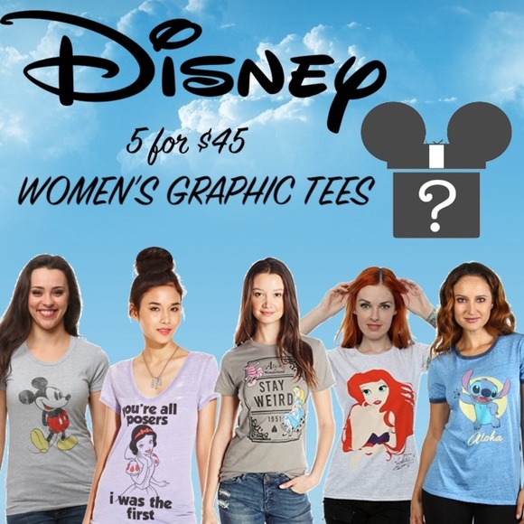 5 FOR $45 DISNEY WOMENS GRAPHIC TEE MYSTERY BOX - Picture 1 of 4